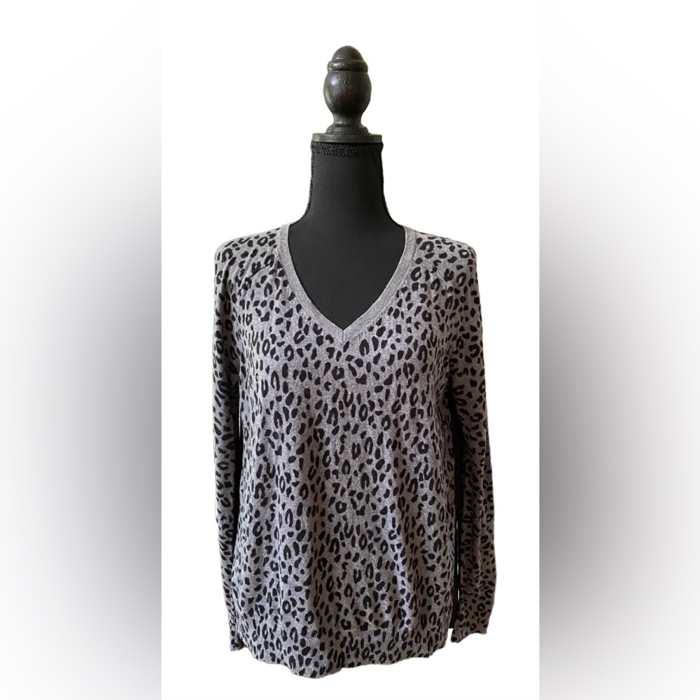 Loft: Gray and Black Leopard Print V Neck Sweater
